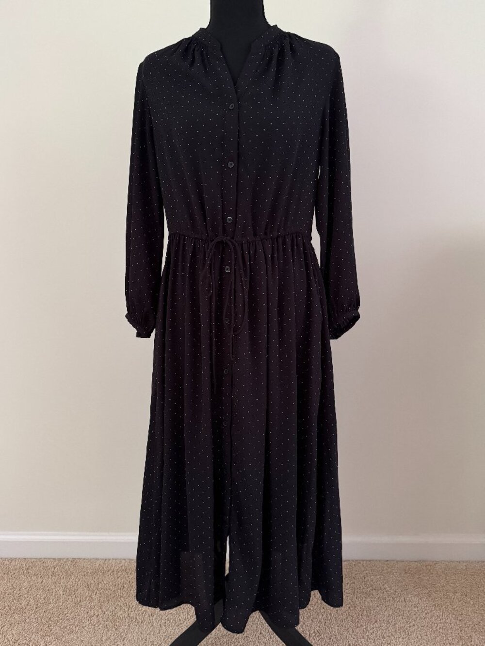 Uniqlo Polka Dot Long Sleeve Shirtdress Size S Black Midi Drawstring Waist